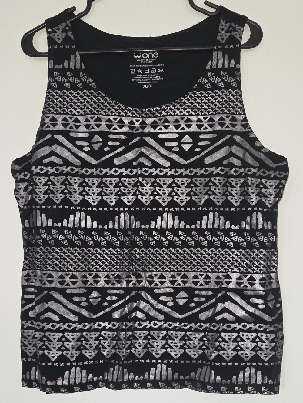 W·one Black Tank Top with Silver Aztec Pattern